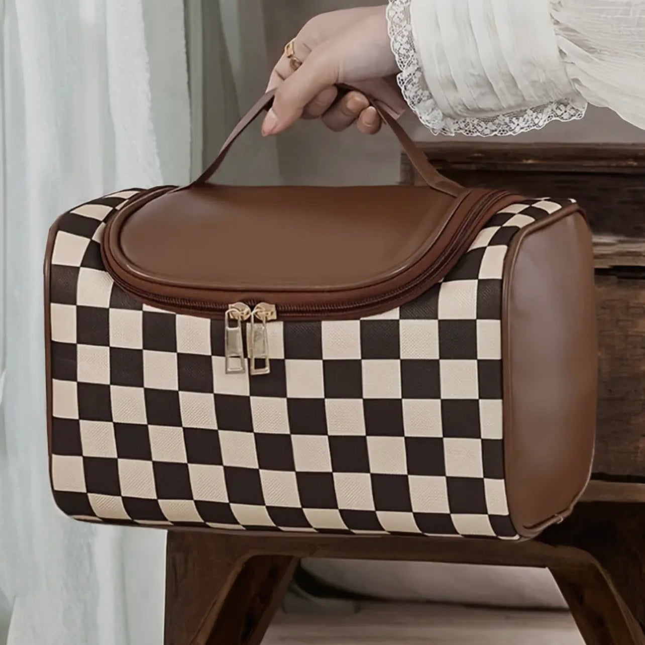 Large Checkered Makeup bag
