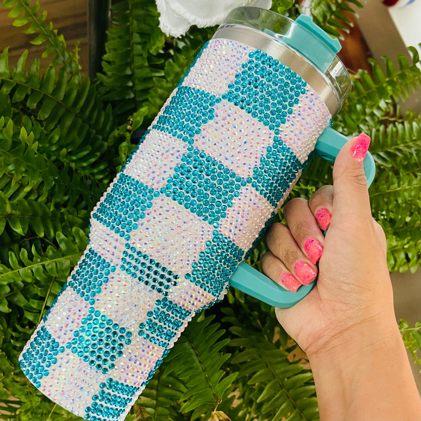 Turquoise Checkered  Bling Tumbler