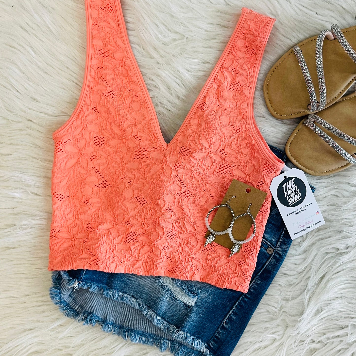 Peach Lace Stretch Crop Top